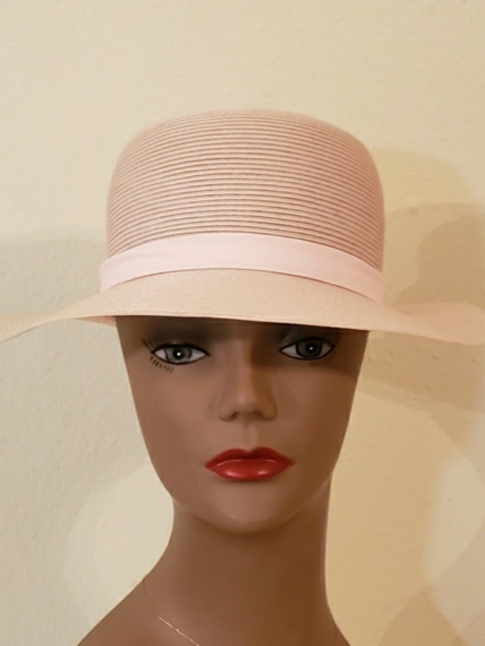 Women's Pastel Pink Wide-Brim Straw Hat with Ribbon Band